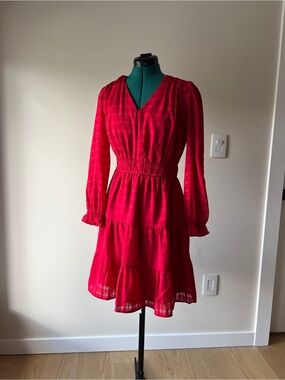 LOFT Vibrant Red Tiered V-Neck Long-Sleeve Dress
